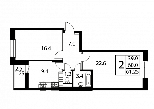 2-комнатная, квартира, 61.25 м²
