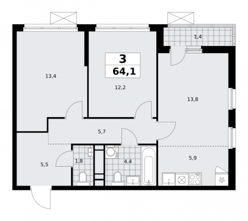 3-комнатная, 64.1 м²