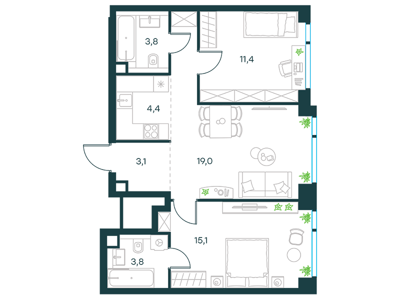 3-комнатные апартаменты №350, 60,6 м² за 29,18 млн руб. в ЖК «Level Мичуринский» - планировка