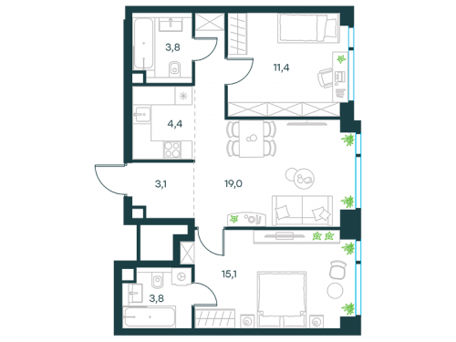 3-комнатная, квартира, 60.6 м²
