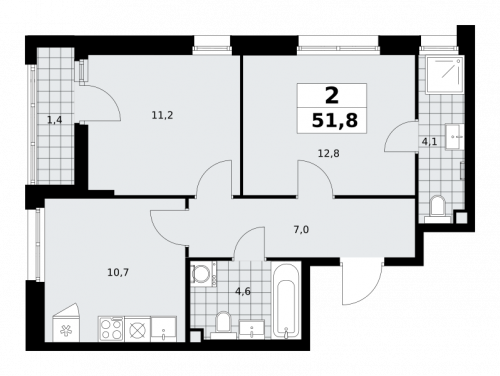 2-комнатная, 51.8 м²