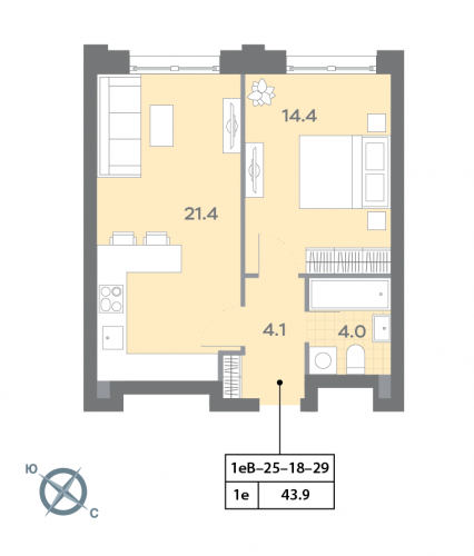 1-комнатная, квартира, 43.7 м²