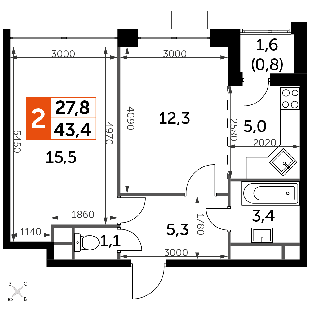 2-комнатная квартира №1096, 43,4 м² за 9,51 млн руб. в ЖК «Датский квартал» - планировка