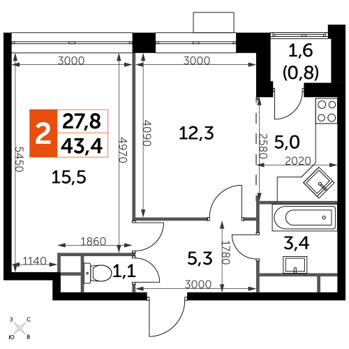 2-комнатная, 43.4 м²