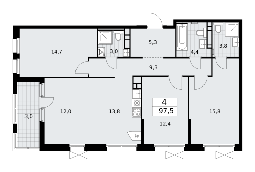 Многокомнатная, 97.5 м²