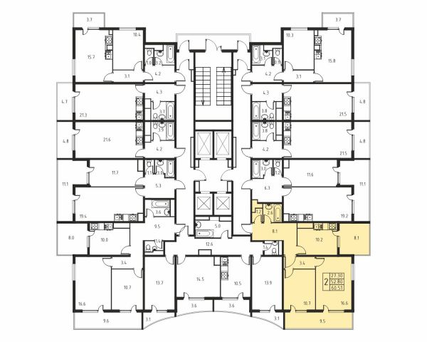 2-комнатная, квартира, 52.8 м²