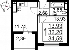1-комнатная квартира 34,59 м²