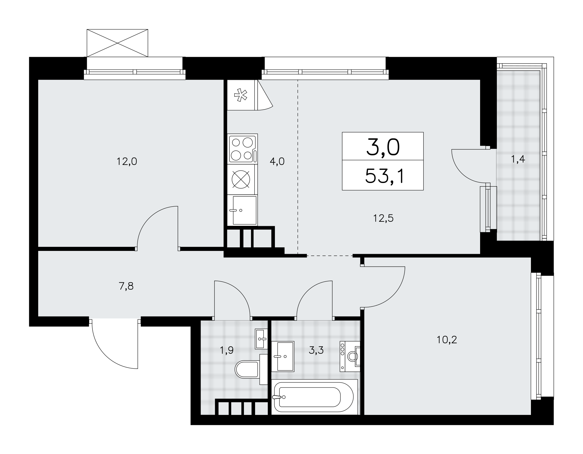 3-комнатная квартира №58К-10.1.4-920, 53,1 м² за 17,26 млн руб. в ЖК «Прокшино» - планировка