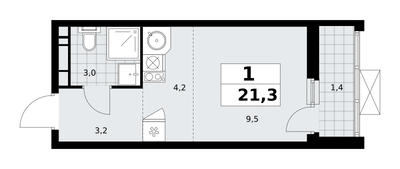 1-комнатная квартира №23К-18.1.3-342, 21,3 м² за 7,50 млн руб. в ЖК «Скандинавия» - планировка
