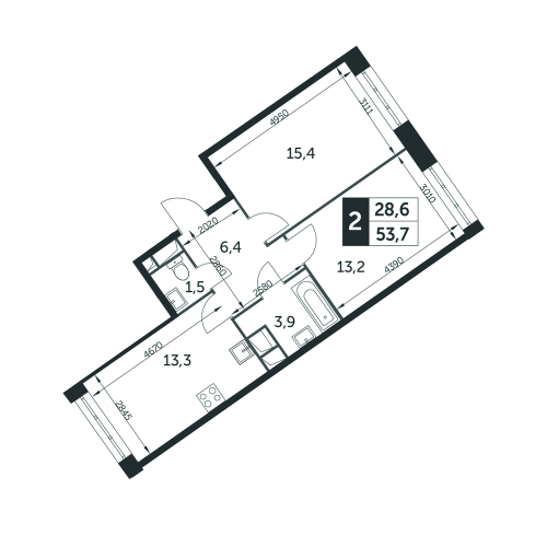 2-комнатная, квартира, 53.7 м²