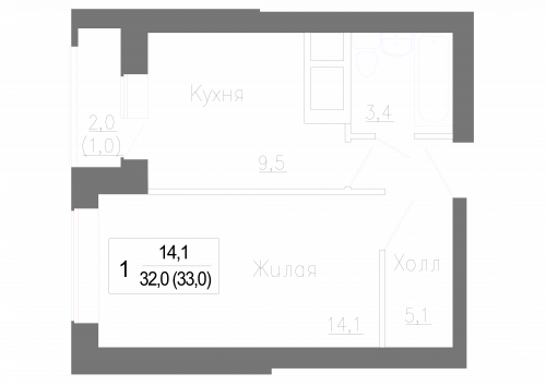 1-комнатная, 33 м²