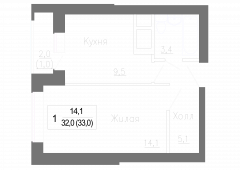 1-комнатная квартира 33 м²