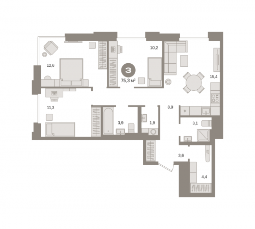 3-комнатная, квартира, 75.26 м²