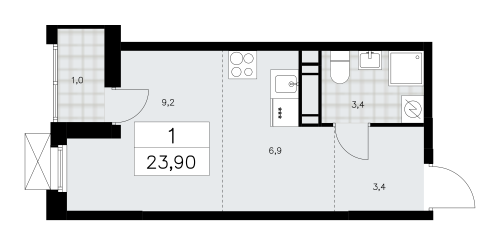 1-комнатная, 23.9 м²