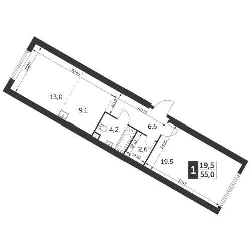 1-комнатная, квартира, 55 м²