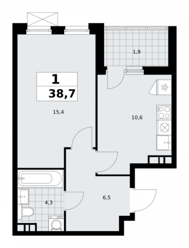 1-комнатная, 38.7 м²