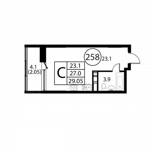 Студия, 29.05 м²