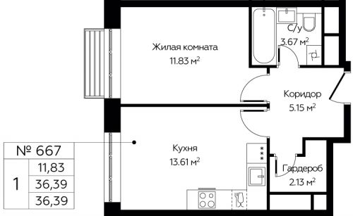 1-комнатная, 36.39 м²