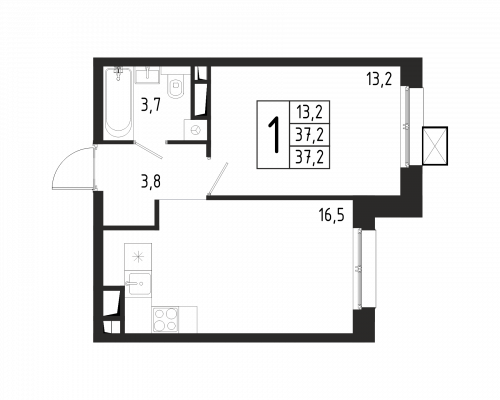 1-комнатная, квартира, 37.2 м²