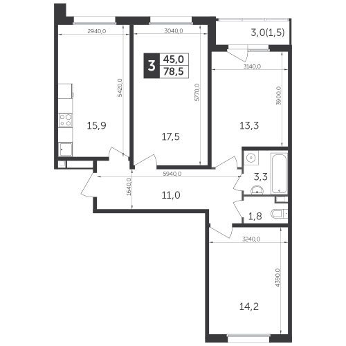 3-комнатная, квартира, 78.5 м²