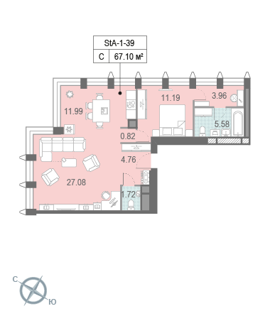 Квартира-студия №136736, 67,1 м² за 36,16 млн руб. в ЖК «Зиларт» - планировка