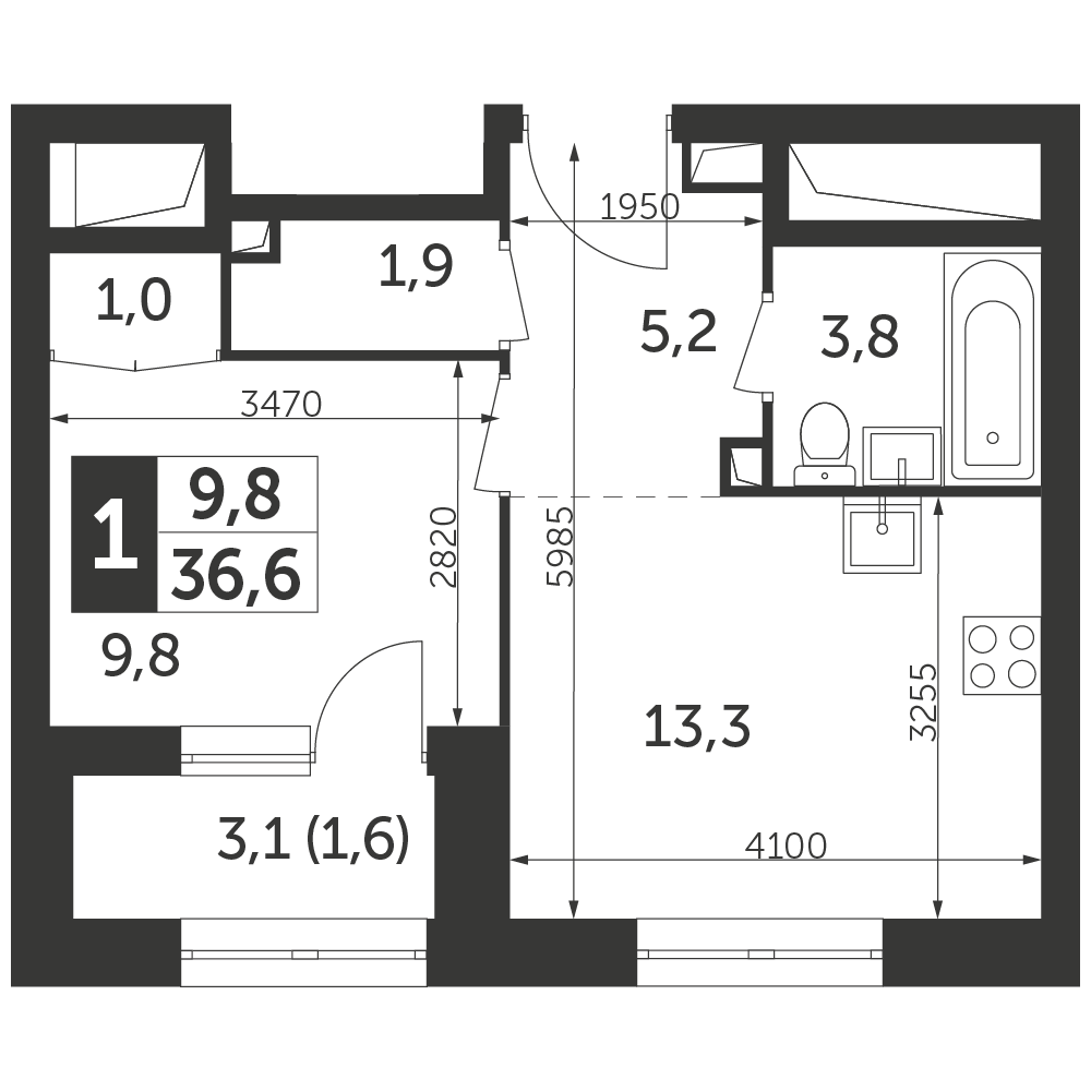 1-комнатная квартира №141, 36,6 м² за 23,52 млн руб. в ЖК «Режиссер» - планировка