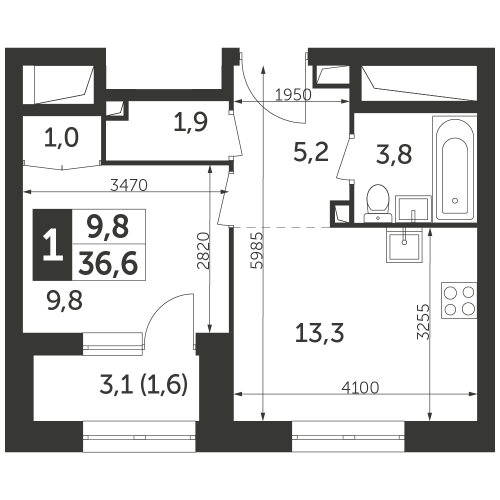 1-комнатная, квартира, 36.6 м²