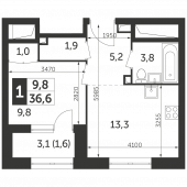 1-комнатная квартира 36,6 м²