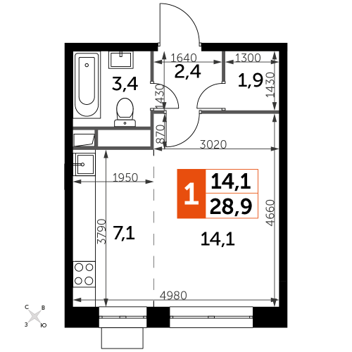 Студия, 28.9 м²