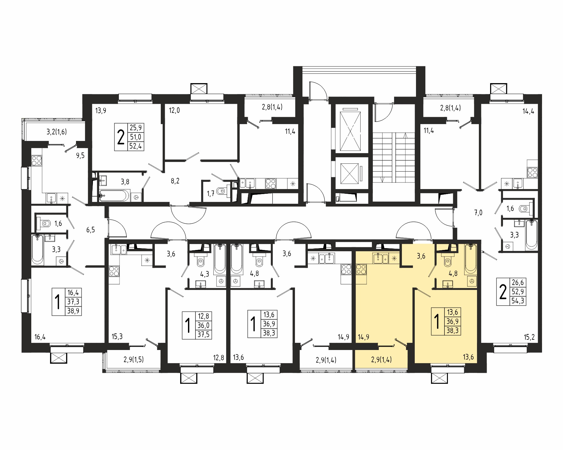 1-комнатная квартира №254, 38,3 м² за 6,20 млн руб. в ЖК «Берег» 2 очередь - планировка