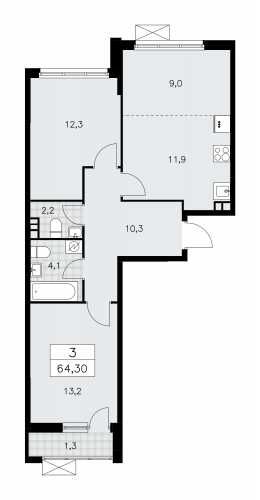 3-комнатная, 64.3 м²