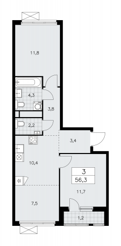 3-комнатная, 56.3 м²