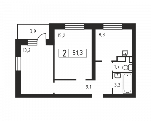 2-комнатная, 51.3 м²