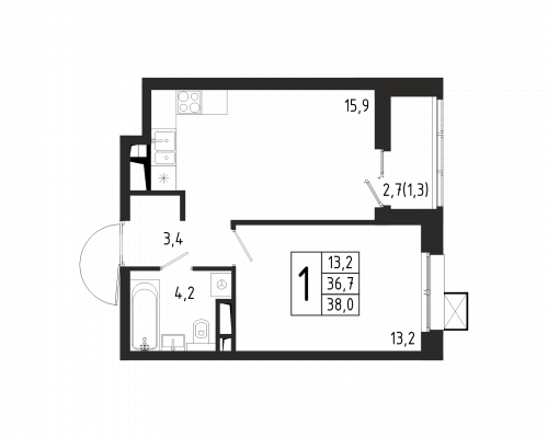1-комнатная, квартира, 38 м²