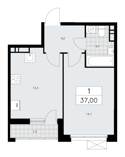 1-комнатная, 37 м²