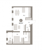 1-комнатная квартира 50,27 м²