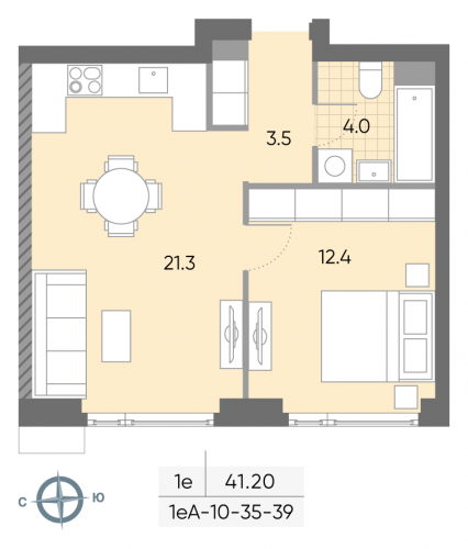 1-комнатная, квартира, 41.2 м²