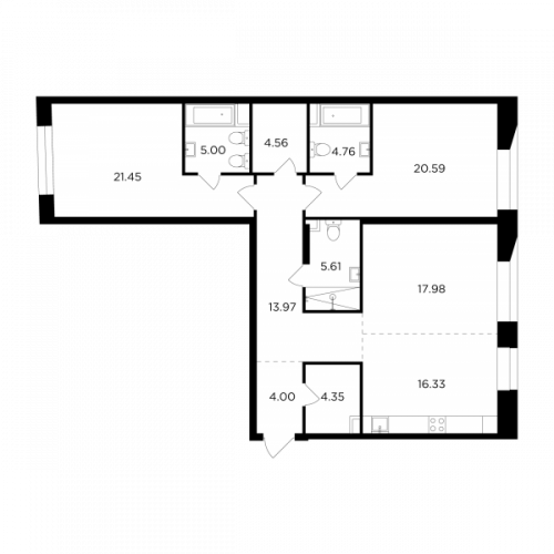 3-комнатная, 118.6 м²