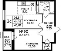 2-комнатная квартира 45,81 м²