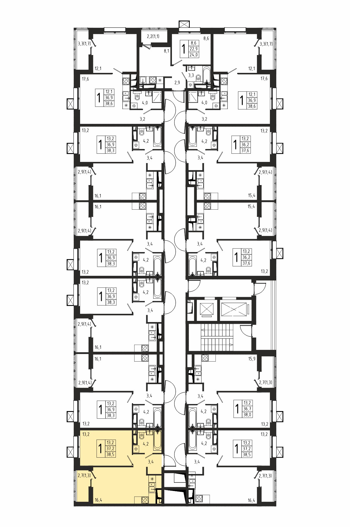 1-комнатная квартира №168, 38,5 м² за 6,55 млн руб. в ЖК «Берег» 2 очередь - планировка