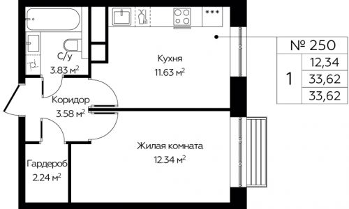 1-комнатная, 33.62 м²