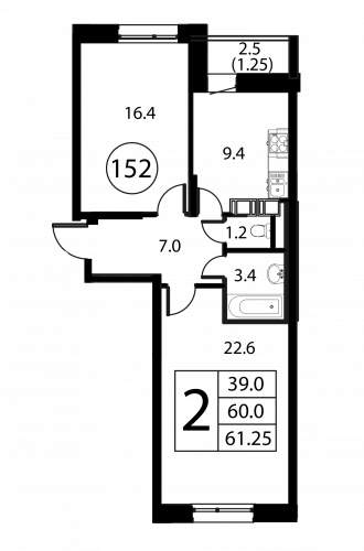 2-комнатная, квартира, 61.25 м²