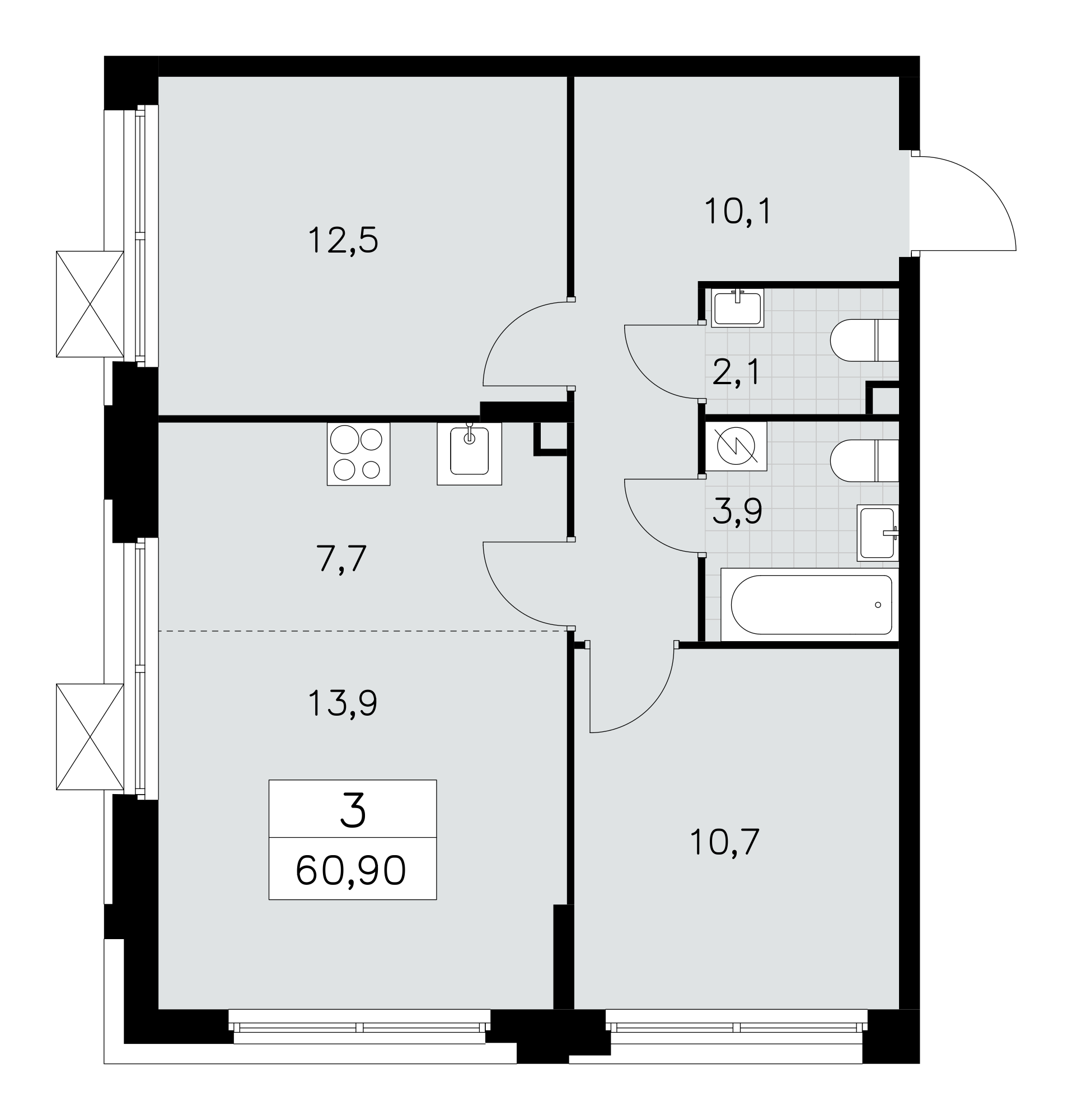 3-комнатная квартира №23К-27.3-449, 60,9 м² за 16,80 млн руб. в ЖК «Скандинавия» - планировка