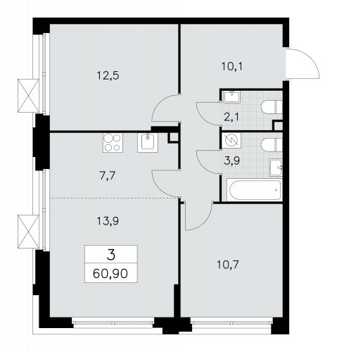 3-комнатная, 60.9 м²