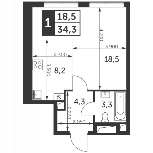 Студия, 34.3 м²