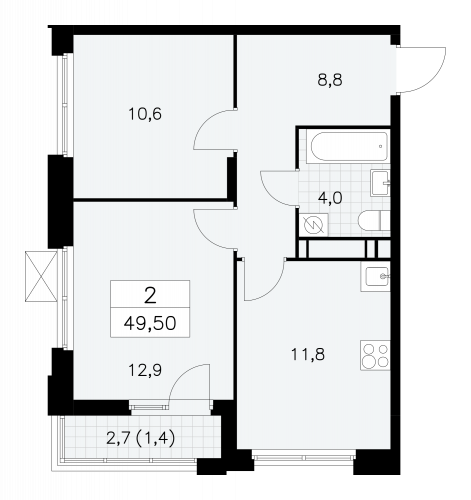 2-комнатная, 49.5 м²