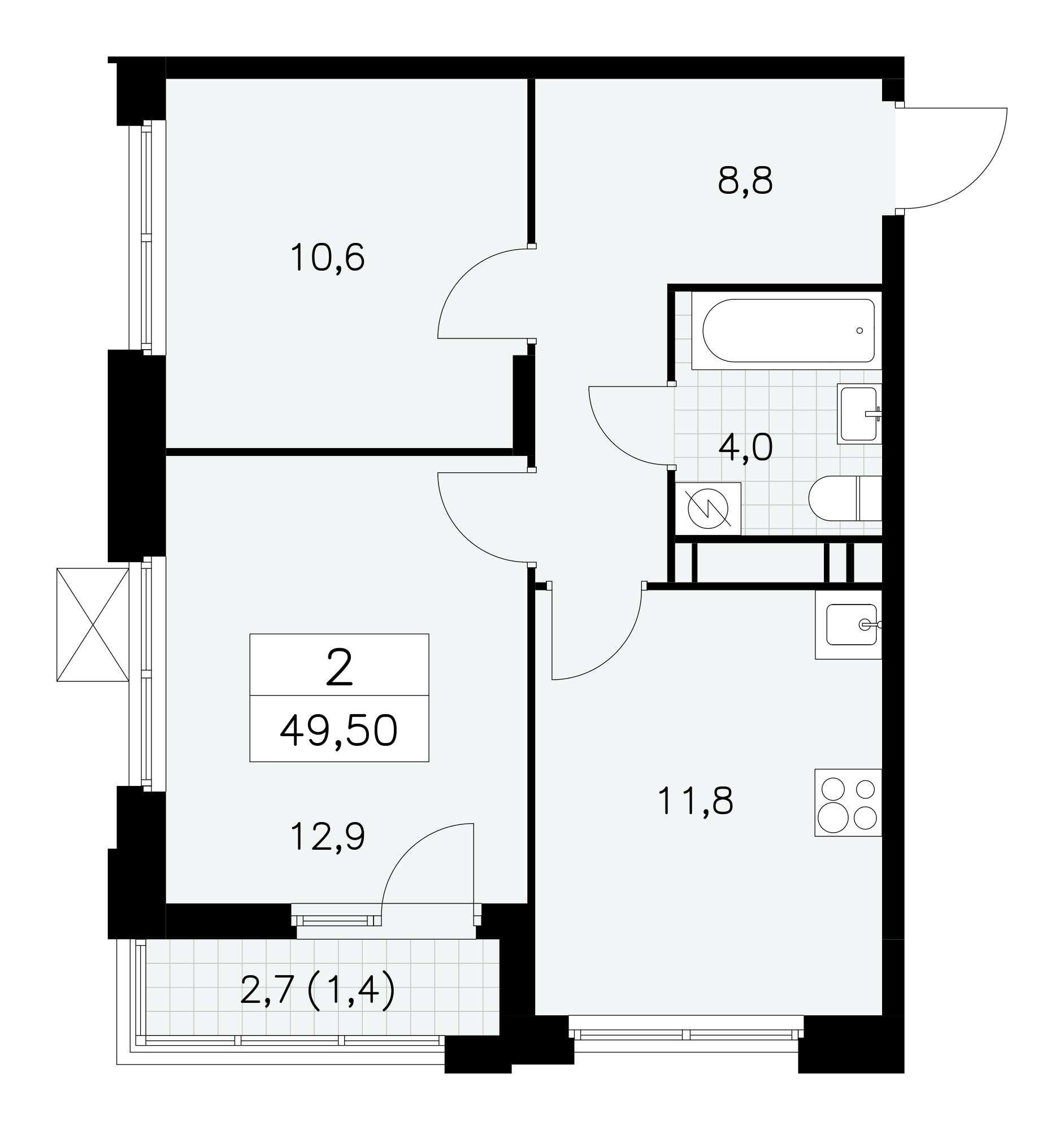 2-комнатная квартира №23К-27.4-606, 49,5 м² за 18,50 млн руб. в ЖК «Скандинавия» - планировка