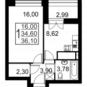 1-комнатная квартира 36,1 м²
