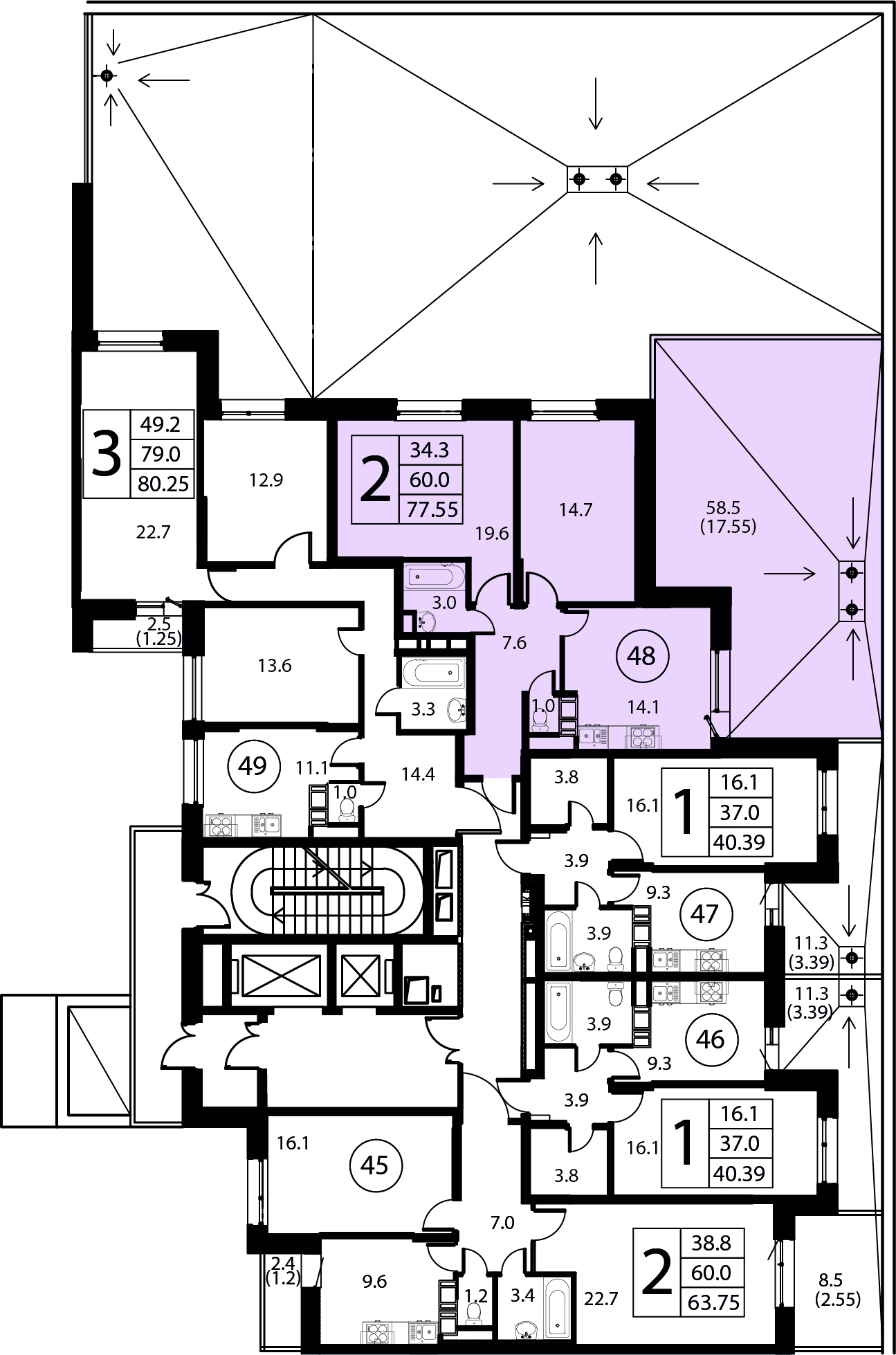 2-комнатная квартира №48, 77,6 м² за 11,45 млн руб. в ЖК «Космос» - планировка