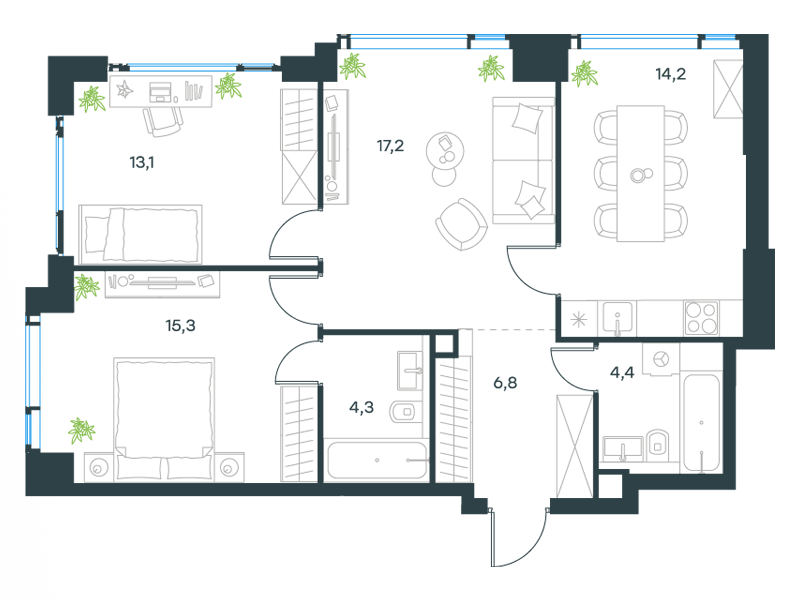 3-комнатные апартаменты №431, 75,3 м² за 33,35 млн руб. в ЖК «Level Мичуринский» - планировка